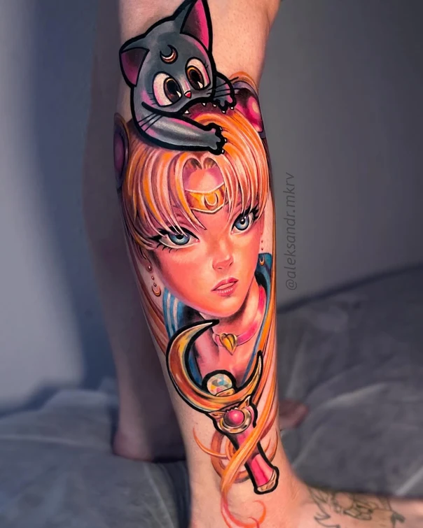 Anime Sailor moon, Cat tattoo on Calf