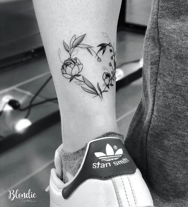 Fineline Flowers, Leaves tattoo on Ankle
