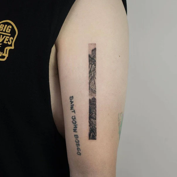 Fineline Landscape, Lettering tattoo on Outer arm
