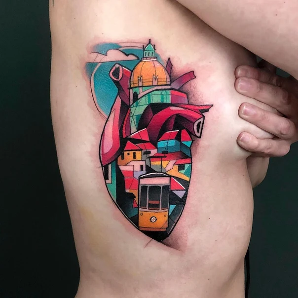 Illustrative Heart, Cityscape tattoo on Ribcage