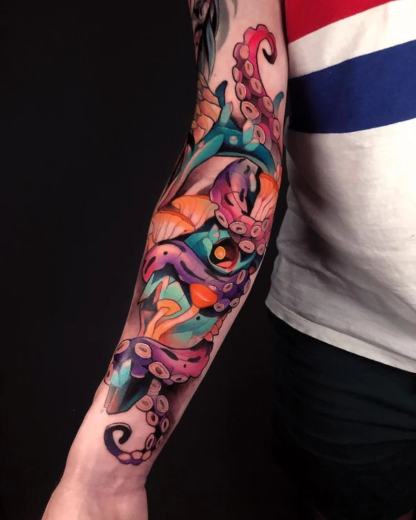 New School Octopus, Mushrooms tattoo on Forearm