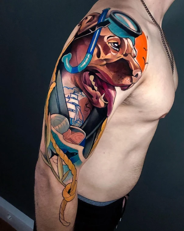 Illustrative Dog, Diving gear tattoo on Full Sleeve