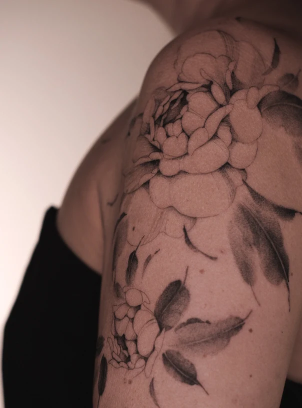 Botanic Flower, Leaves tattoo on Shoulder