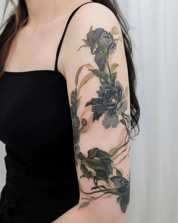 Botanic Flowers, Leaves tattoo on Full Sleeve