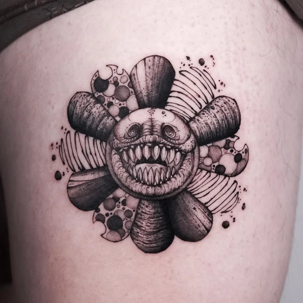 Blackwork Flower, Monster tattoo on Thigh