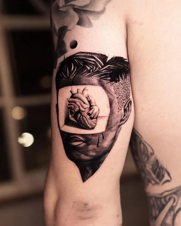 Blackwork Heart, Portrait tattoo on Bicep