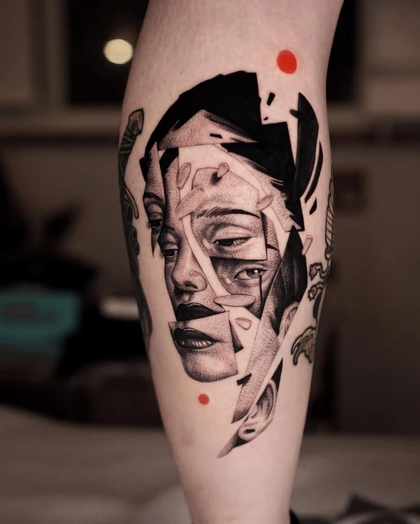 Black & Grey Face, Geometric tattoo on Calf