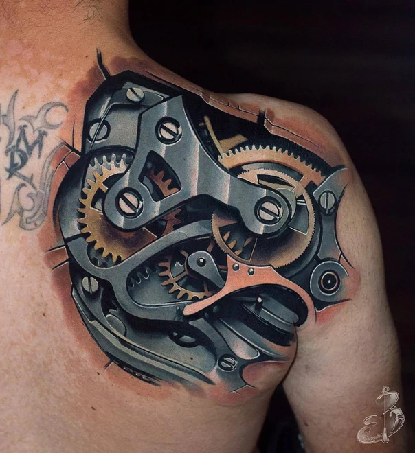Biomechanical Gears, Mechanical tattoo on Shoulder