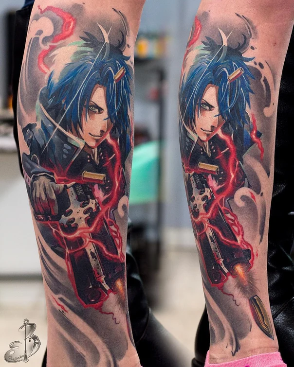 Anime Anime character, Gun tattoo on Forearm