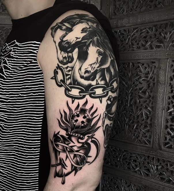 Blackwork Horses, Heart tattoo on Upper Arm