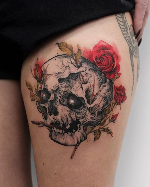 Black & Grey Skull, Roses tattoo on Thigh