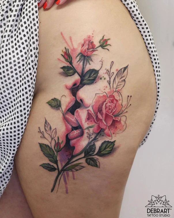 Watercolor Roses, Lips tattoo on Thigh