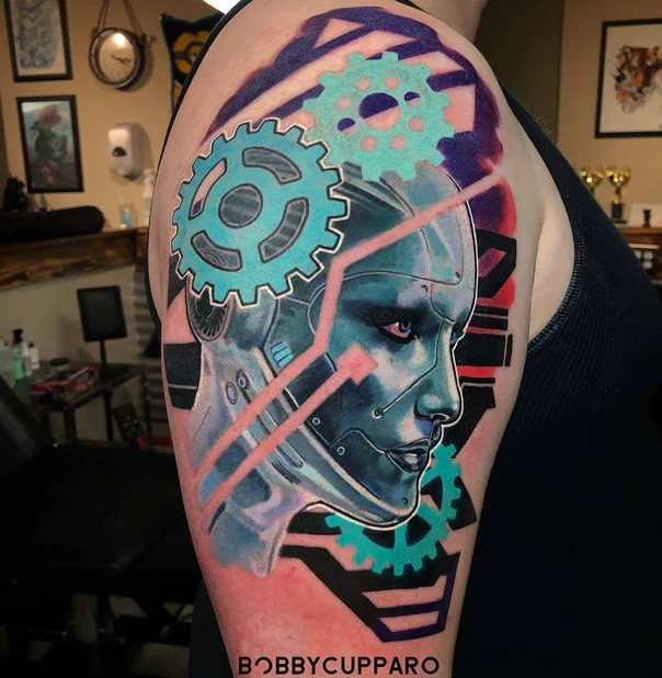 Biomechanical Robot, Gears tattoo on Upper Arm