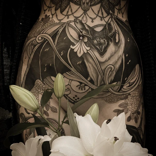 Black & Grey Bat, Floral tattoo on Stomach