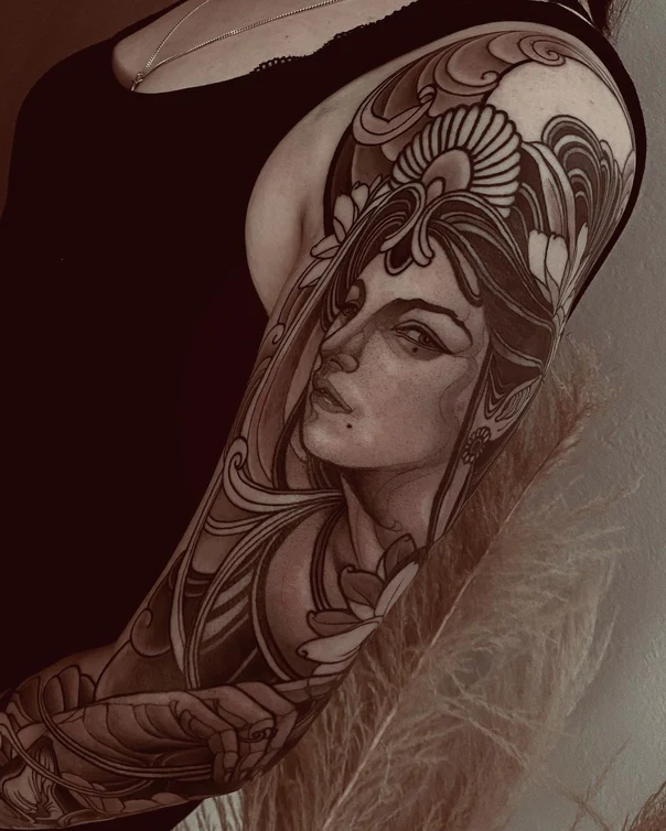 Black & Grey Portrait, Floral tattoo on Full Sleeve