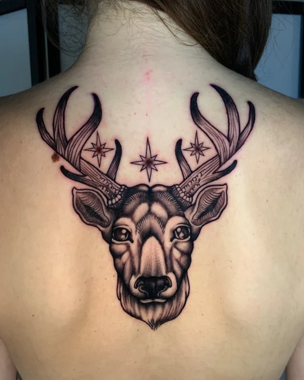 Black & Grey Deer, Stars tattoo on Upper Back