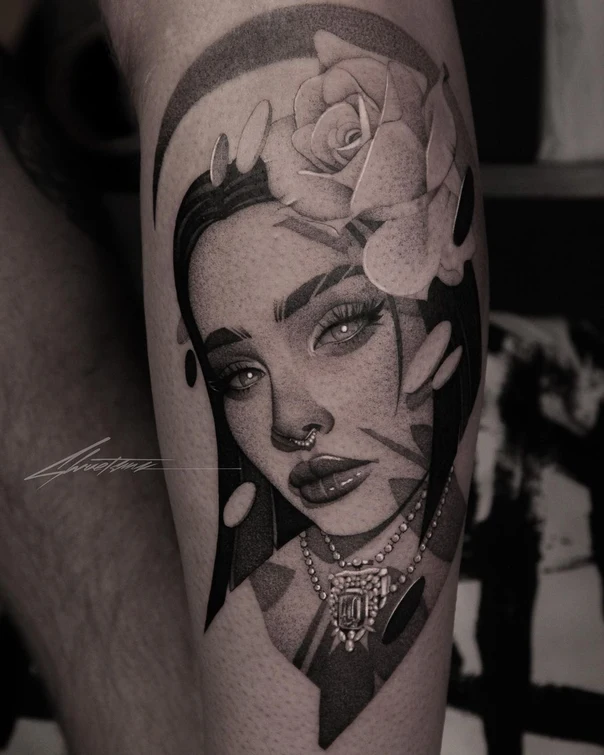 Black & Grey Portrait, Rose tattoo on Thigh