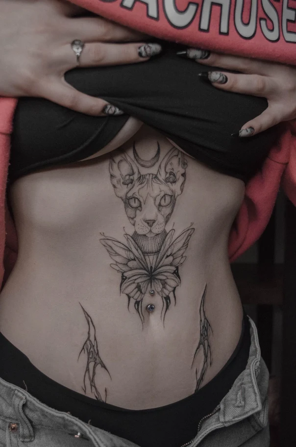 Linework Cat, Butterfly tattoo on Stomach