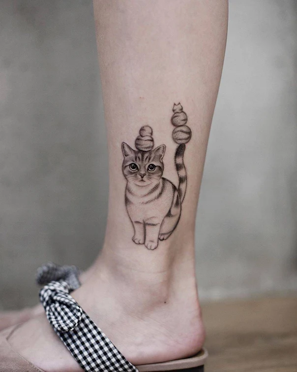 Fineline Cat, Animal tattoo on Calf