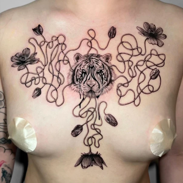 Blackwork Tiger, Flowers tattoo on Chest