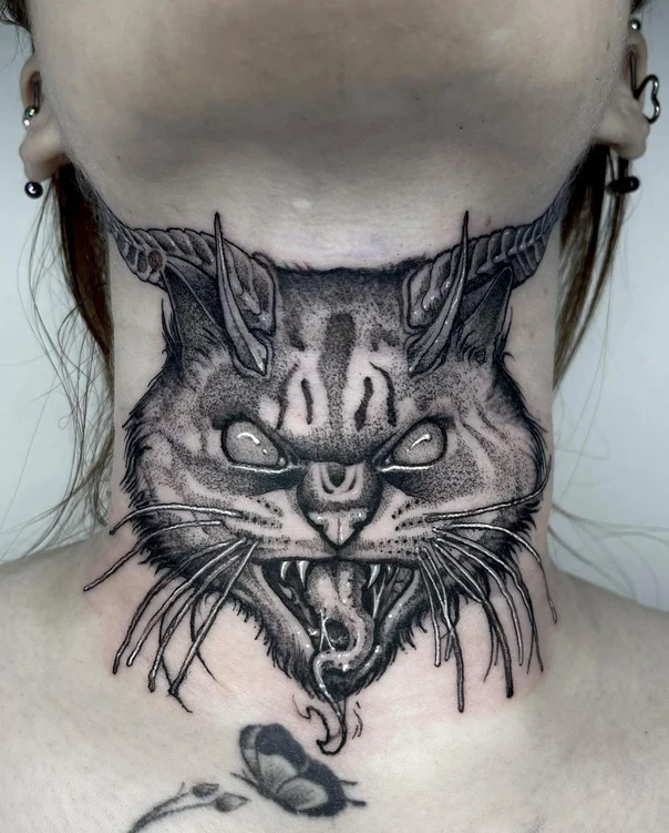 Blackwork Cat, Demon tattoo on Neck
