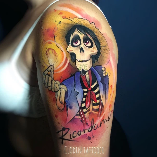 Watercolor Skeleton, Character tattoo on Upper Arm