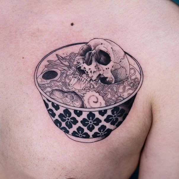 Black & Grey Skull, Food tattoo on Chest