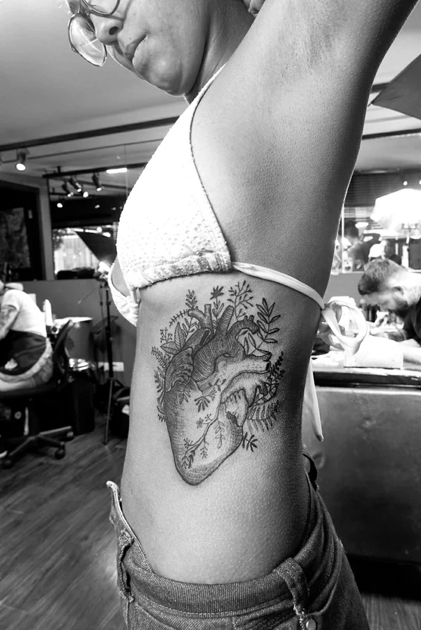 Sketch Heart, Botanical tattoo on Ribcage