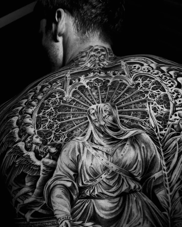 Black & Grey Religious, Angel tattoo on Full Back