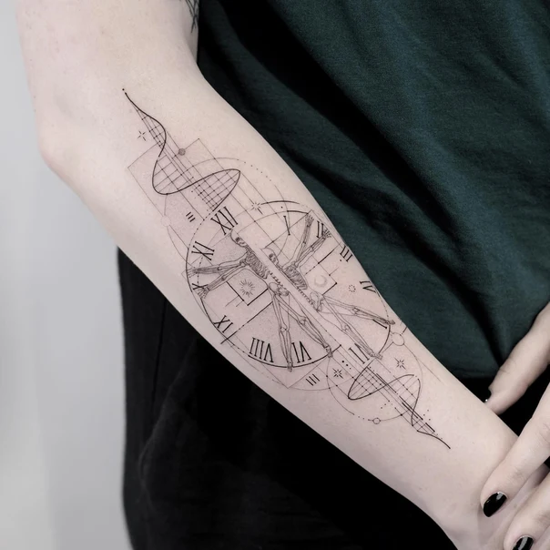 Fineline Clock, Skeleton tattoo on Forearm