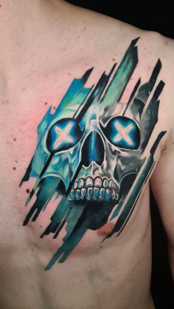 Abstract Skull tattoo on Chest