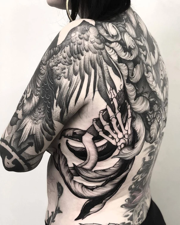 Blackwork Wings, Skeleton tattoo on Full Back