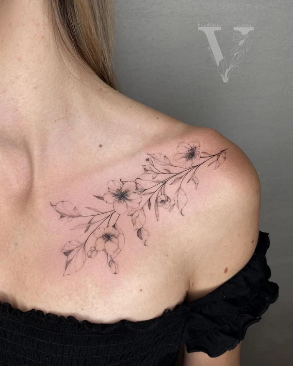 Fineline Flowers, Leaves tattoo on Collarbone