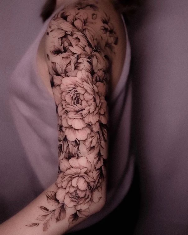 Botanic Flowers, Leaves tattoo on Full Sleeve