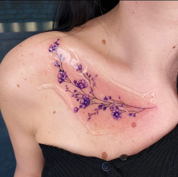 Botanic Flowers, Branches tattoo on Collarbone