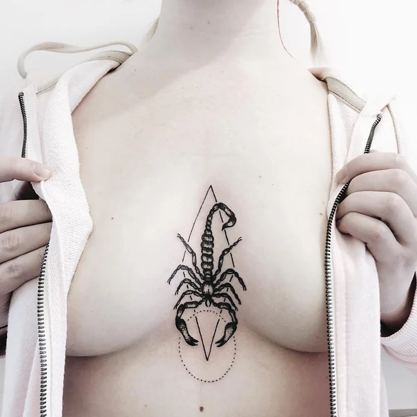 Linework Scorpion, Geometric tattoo on Sternum