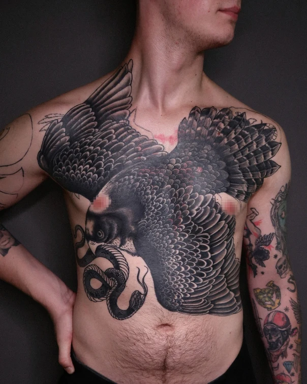 Japanese Bird, Snake tattoo on Chest