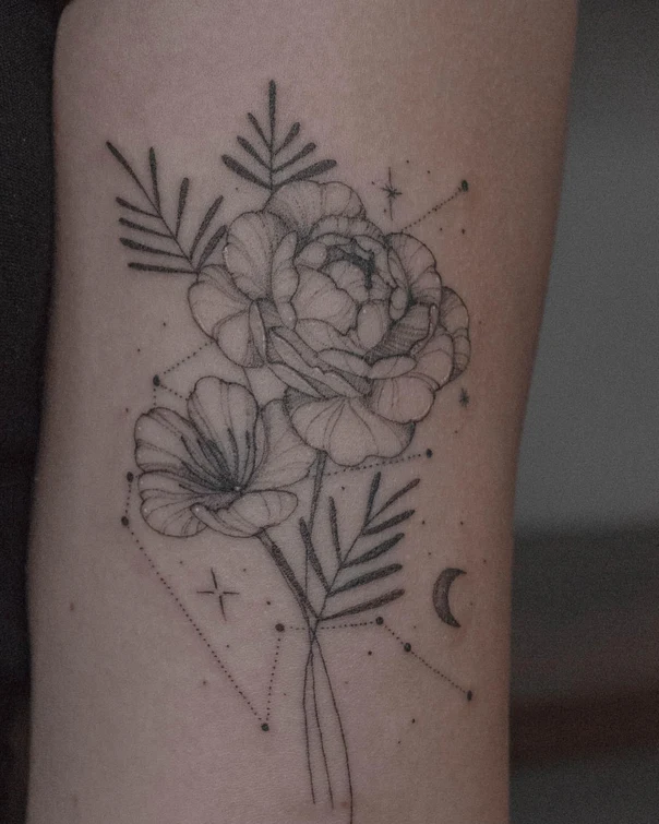 Botanic Flowers, Leaves tattoo on Upper Arm