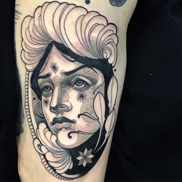 Black & Grey Portrait, Floral tattoo on Forearm