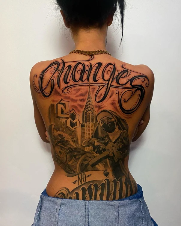 Chicano Lettering, Cityscape tattoo on Full Back