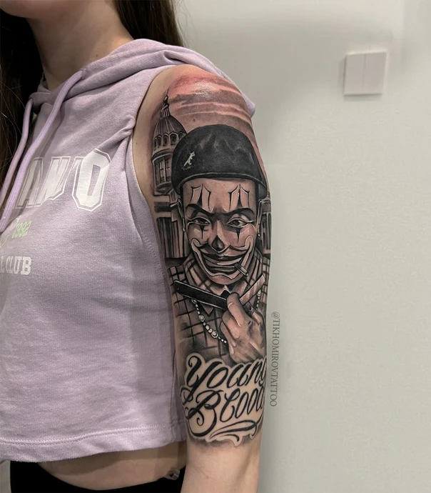 Chicano Clown, Lettering tattoo on Full Sleeve