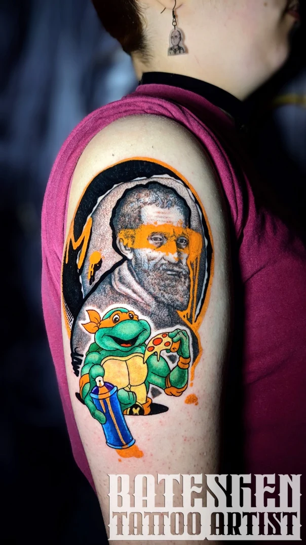 Illustrative Portrait, Ninja turtle tattoo on Shoulder