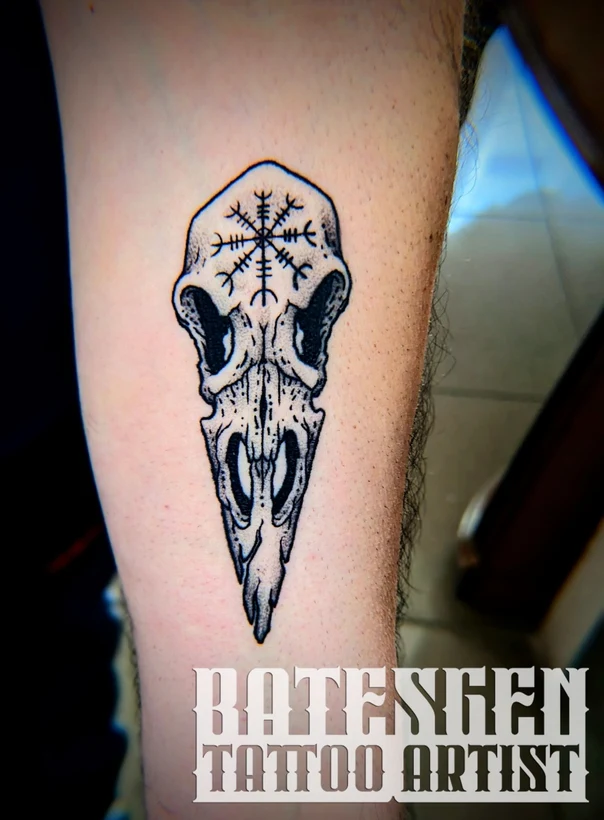 Blackwork Skull, Rune tattoo on Forearm