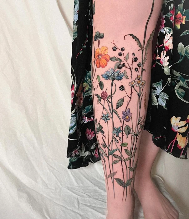 Botanic Flowers, Plants tattoo on Calf