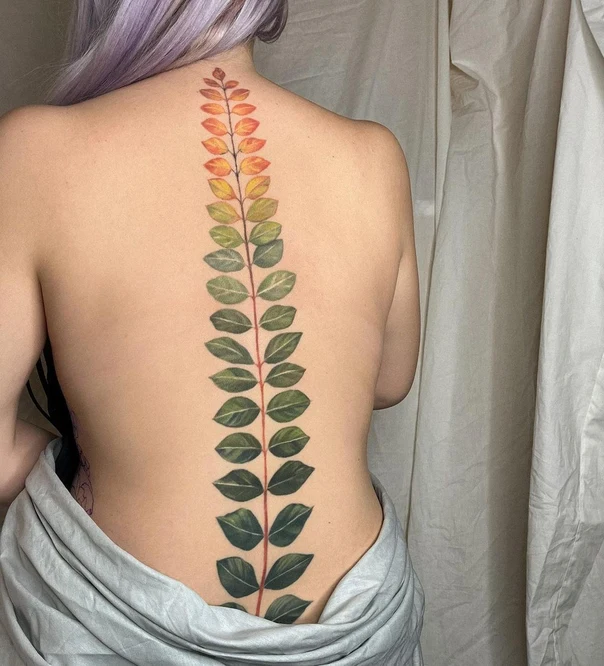 Botanic Leaf, Plant tattoo on Spine