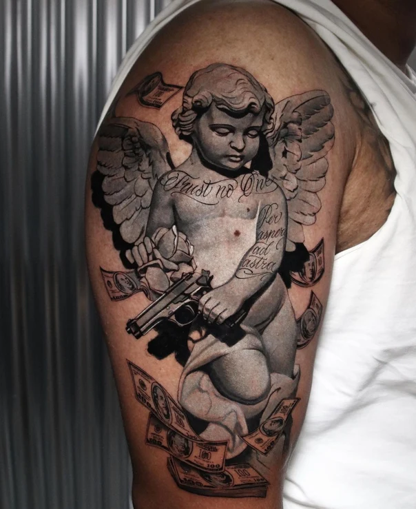 Black & Grey Angel, Gun tattoo on Upper Arm