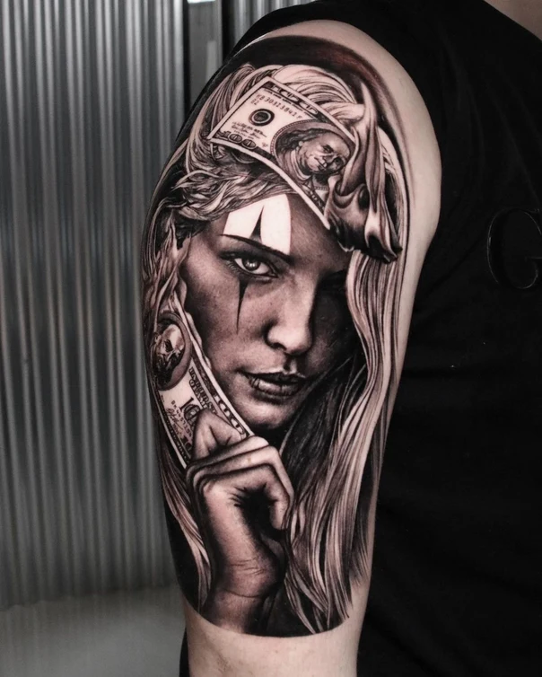 Realism Portrait, Money tattoo on Upper Arm