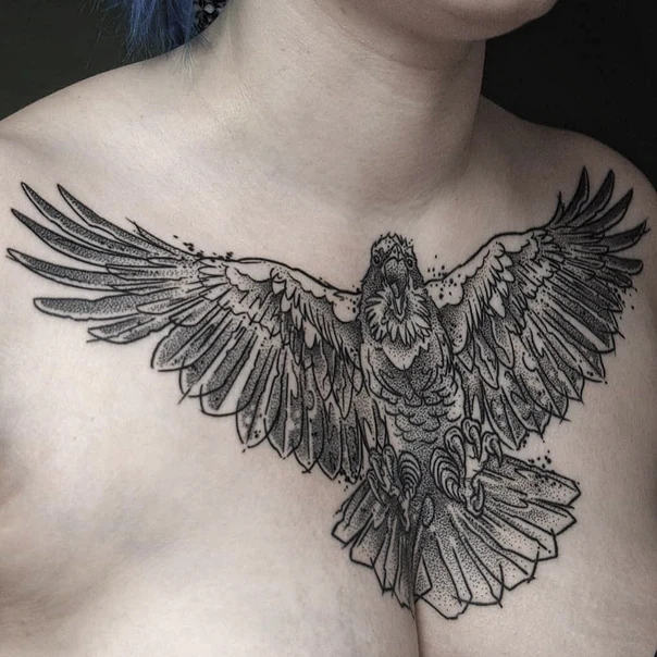 Blackwork Bird, Wings tattoo on Chest
