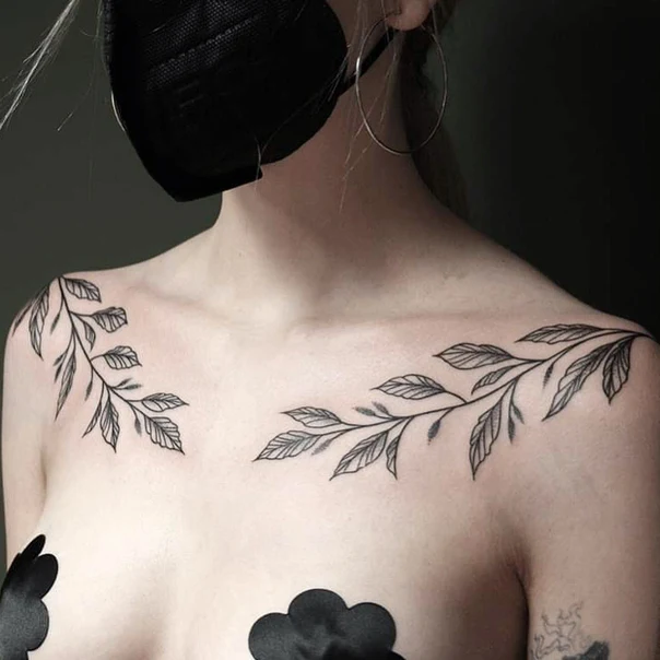 Linework Leaves, Branches tattoo on Collarbone