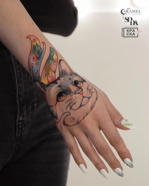 Illustrative Cat tattoo on Back of Hand